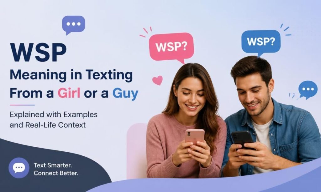 A woman and a man smile at their phones with two speech bubbles reading WSP, showing the WSP meaning in texting