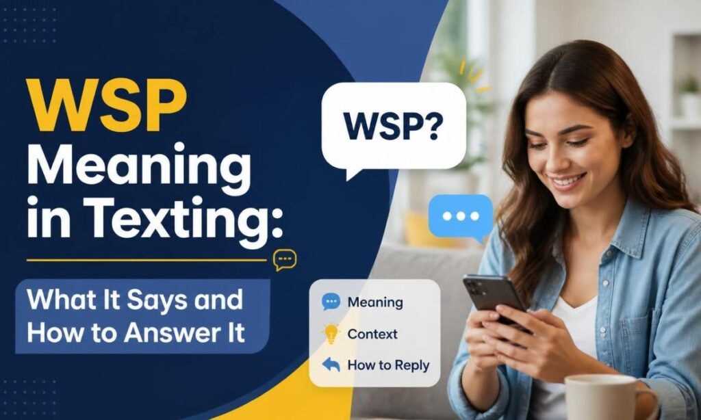 WSP meaning in texting shown as a phone screen with a chat message that reads “wsp” and a reply